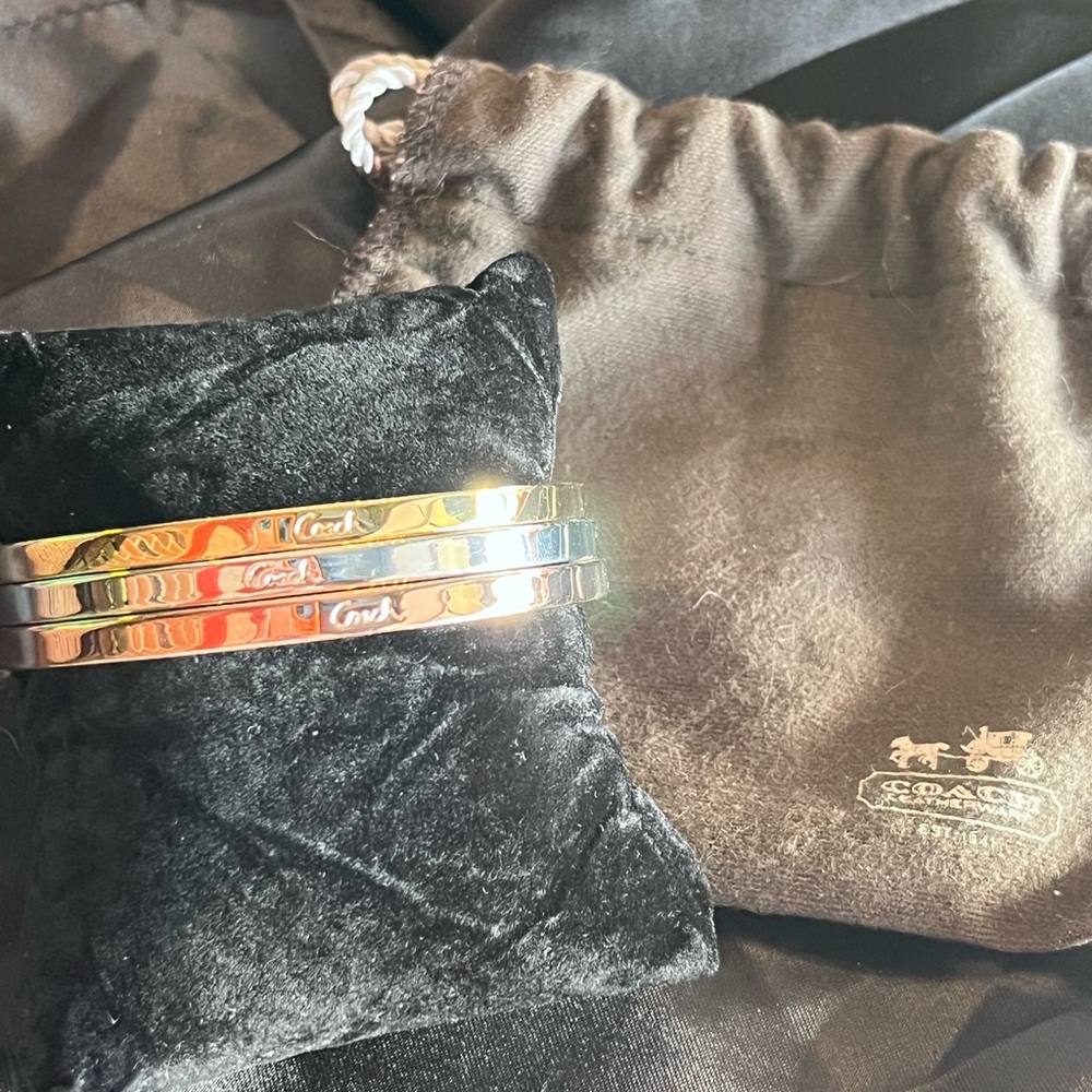 Coach Tri-Tone Stacking Bangle Bracelet Set w/ Pouch, Logo Engraved - Picture 2 of 6